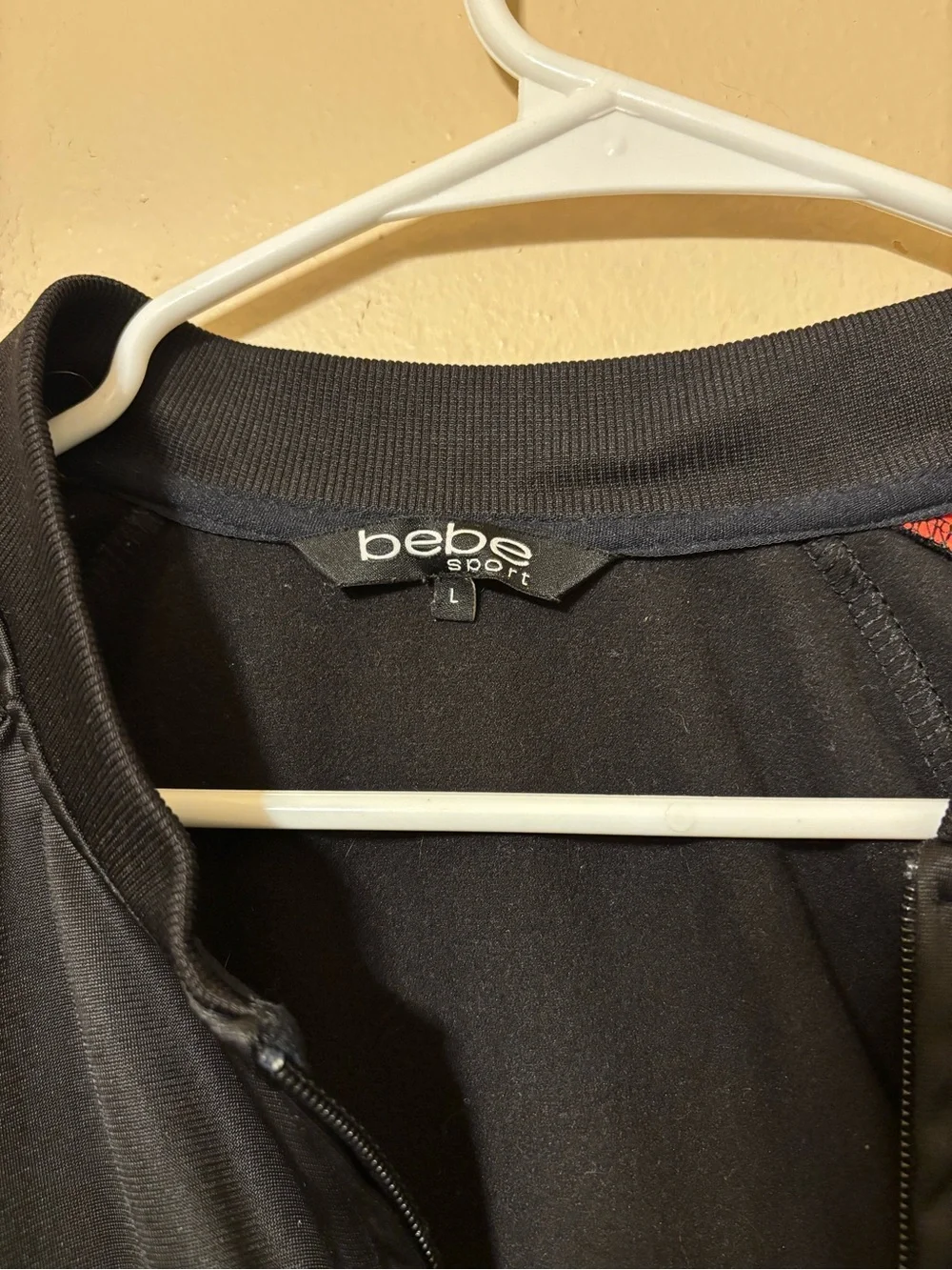 bebe sport Black Bomber Jacket with Red and White Sleeve Stripes size L